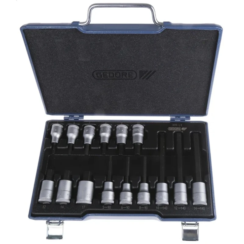 Gedore Hex Screwdriver Bit Set, 15 Pieces, Vanadium Steel, Sizes Hex 5 to Hex 19, 1/2 in Drive, 320mm Length IN 19 LKM