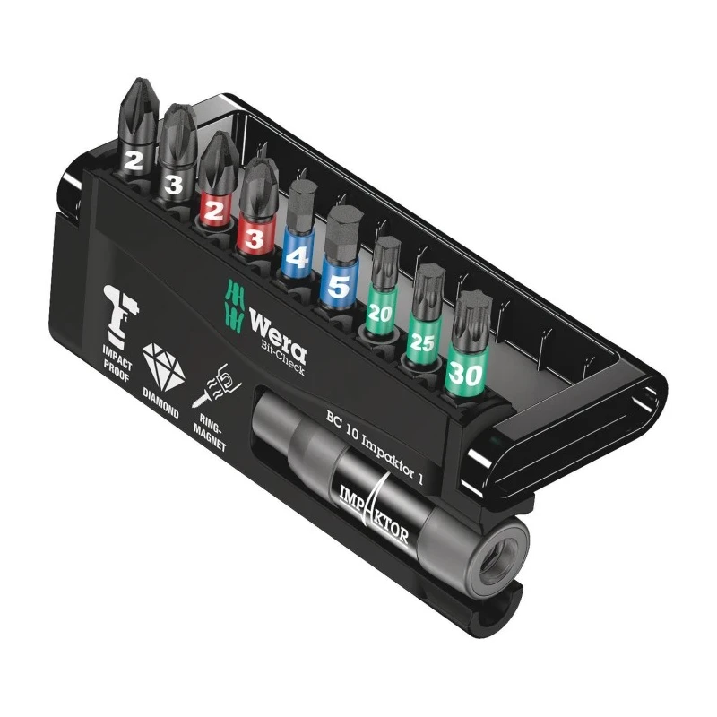Wera Hex Hex Screwdriver Bit Set, 10 Pieces, Diamond Tipped, 1/4 in Drive, DIN ISO 1173-C 6.3 and E 6.3 05057680001