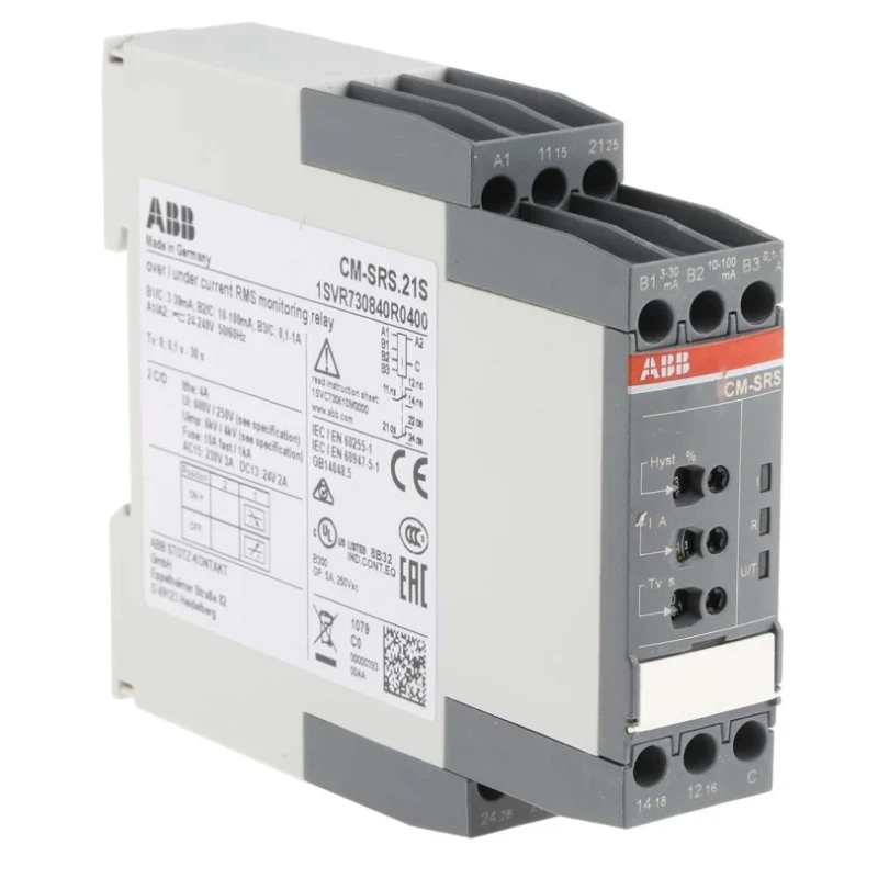 ABB Current Monitoring Relay 1 Phase DPDT DIN Rail 0.1mA to 100mA 240 V dc/ac CM-SRS Series 1SVR730840R0400 CM-SRS.21S