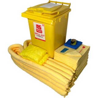 RS PRO Chemical Spill Kit 240 Litre Absorbent Capacity with 160 Pads, 8 Socks, 2 Pillows, Wheelie Bin 771-6513