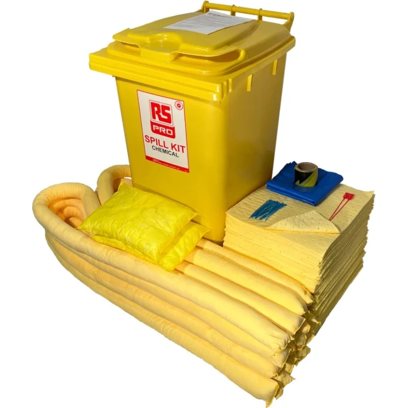 RS PRO Chemical Spill Kit 240 Litre Absorbent Capacity with 160 Pads, 8 Socks, 2 Pillows, Wheelie Bin 771-6513
