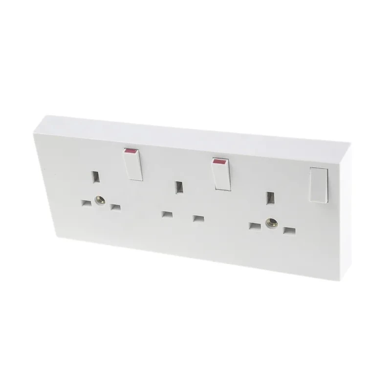 RS PRO 13A White 3 Gang Plug Socket Indoor Type G Surface Mount Rocker Switch 230V 776-8435