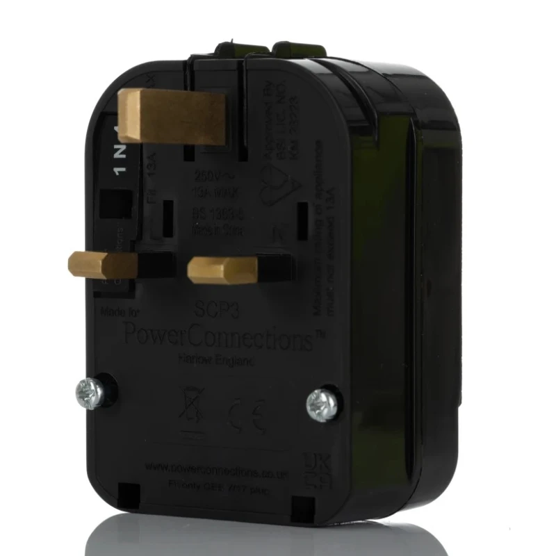 PowerConnections Mains Connector Converter Europe to UK, 240V, 13A, Type F Schuko to Type G British 3-Pin SCP3-B-13A