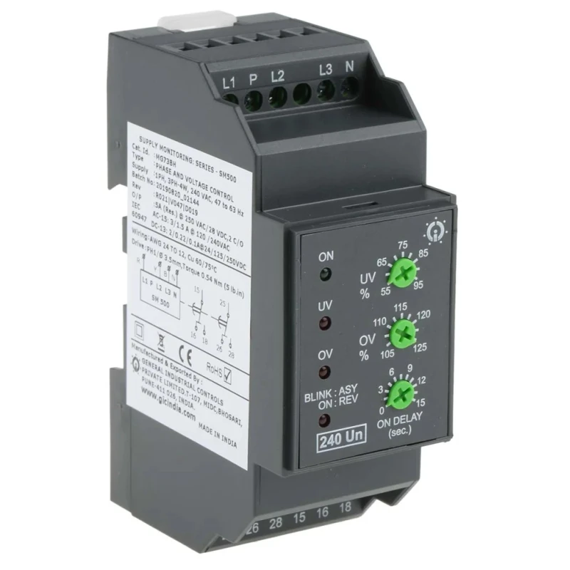 GIC Monitoring Relay, 1 Phase and 3 Phase, DPDT Contact Configuration, DIN Rail Mount, 240V AC, SM 500 Series MG73BH