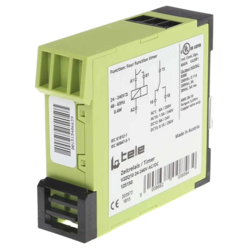 Tele Multifunction DIN Rail Timer Relay, 1-Contact, 240 V AC/DC, 0.05 to 100 h Time Range, Interval Mode V2ZQ10