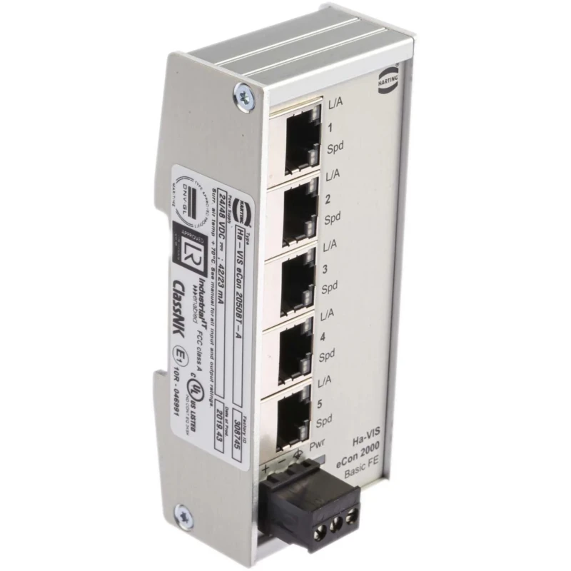 HARTING Unmanaged 5 Port Ethernet Switch 24-48VDC Power, DIN Rail Mounting 24020050000