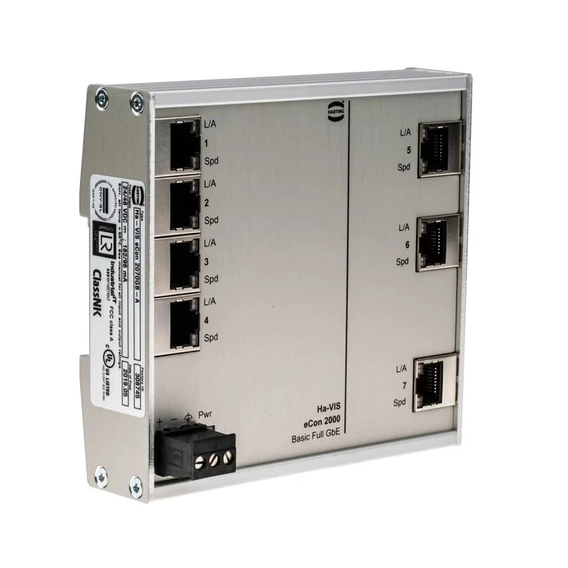HARTING Unmanaged 7 Port Ethernet Switch 24-48VDC DIN Rail Mount 7 RJ45 Ports 10k Jumbo Frames 24024070010