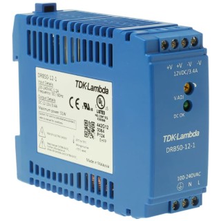 TDK-Lambda DRB Switched Mode DIN Rail Power Supply 85-264V AC Input 15V DC, 3.4A Output, 50W DRB-50-12-1