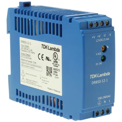 TDK-Lambda DRB Switched Mode DIN Rail Power Supply 85-264V AC Input 15V DC, 3.4A Output, 50W DRB-50-12-1