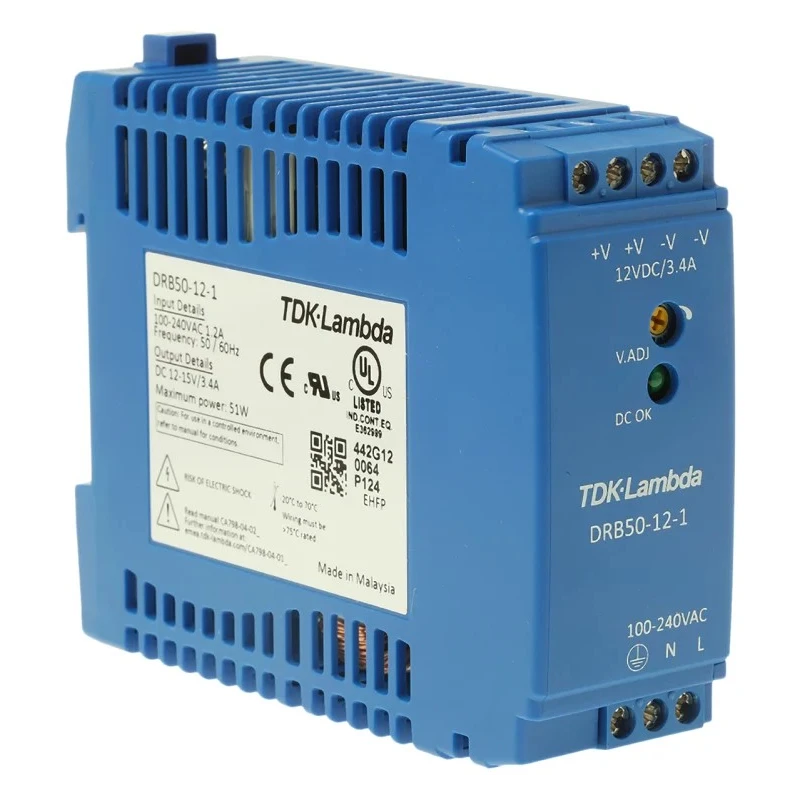 TDK-Lambda DRB Switched Mode DIN Rail Power Supply 85-264V AC Input 15V DC, 3.4A Output, 50W DRB-50-12-1