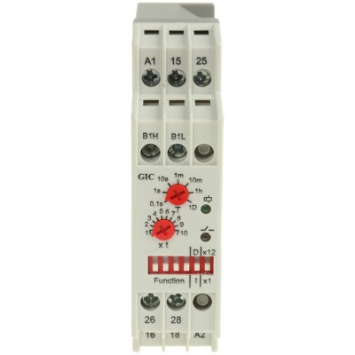 GIC 1CJ Series Multifunction DIN Rail Timer Relay, 2-Contact SPDT, 240 V DC 24V AC 240 V AC, 0.1 s to 120 Days 2A8DT6