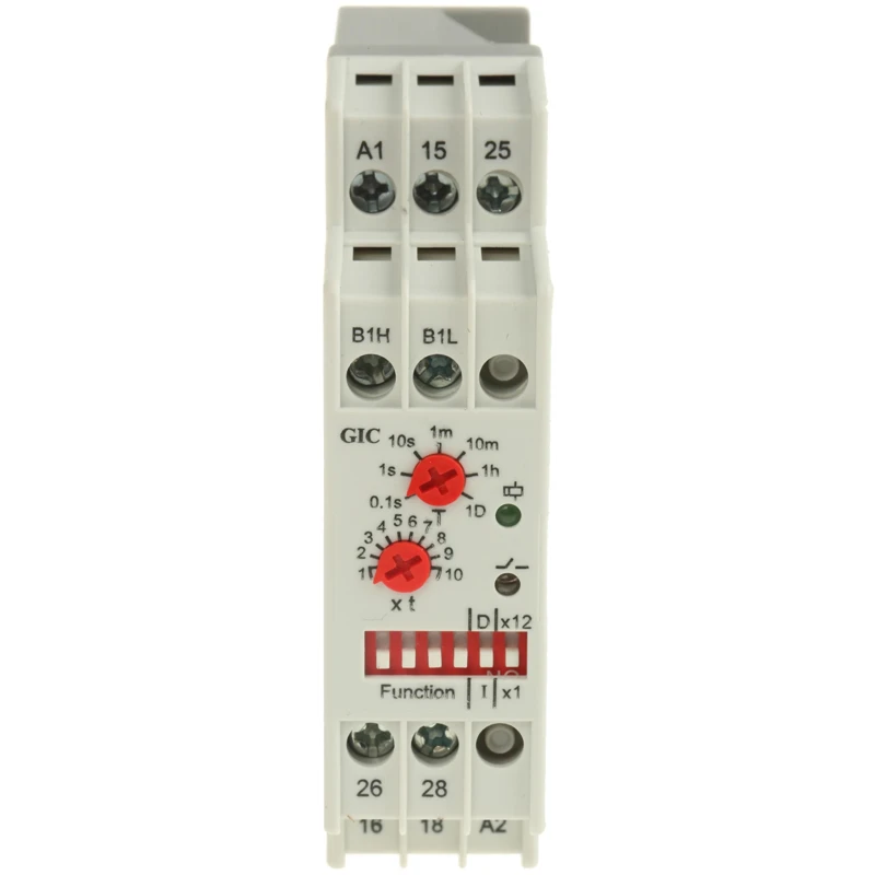 GIC 1CJ Series Multifunction DIN Rail Timer Relay, 2-Contact SPDT, 240 V DC 24V AC 240 V AC, 0.1 s to 120 Days 2A8DT6