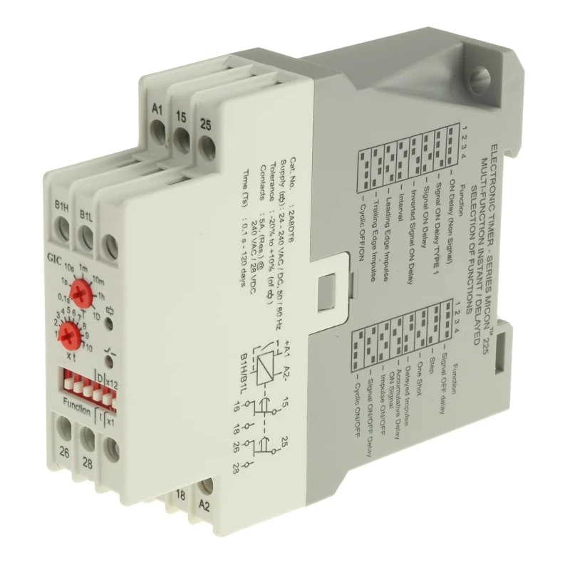 GIC 1CJ Series Multifunction DIN Rail Timer Relay, 2-Contact SPDT, 240 V DC 24V AC 240 V AC, 0.1 s to 120 Days 2A8DT6