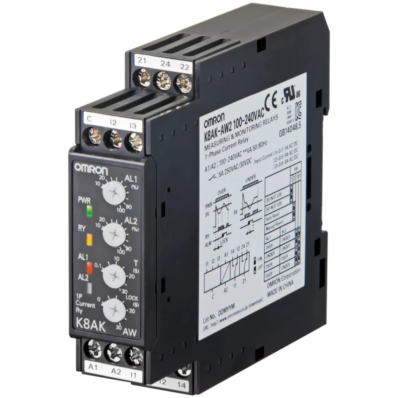 Omron Monitoring Relay, 1 Phase, SPDT Contact, DIN Rail Mount, 0.1A to 5A, 24 V DC, 240 V AC K8AK-AW2 24VAC/DC