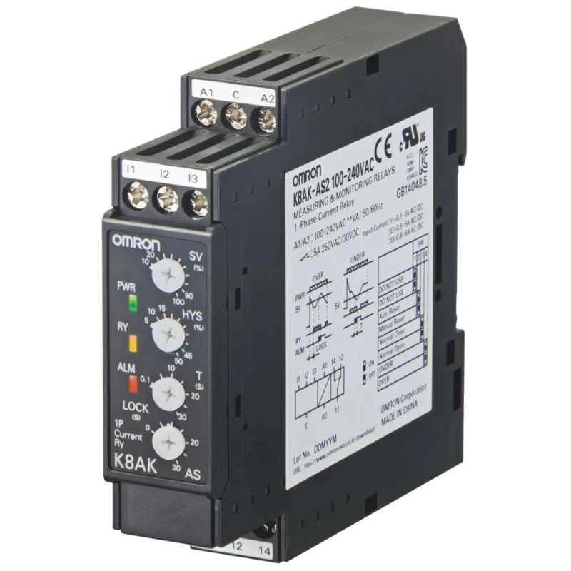Omron Monitoring Relay 1 Phase SPDT DIN Rail 24V AC/DC 0.1A to 8A K8AK-AS2 24VAC/DC