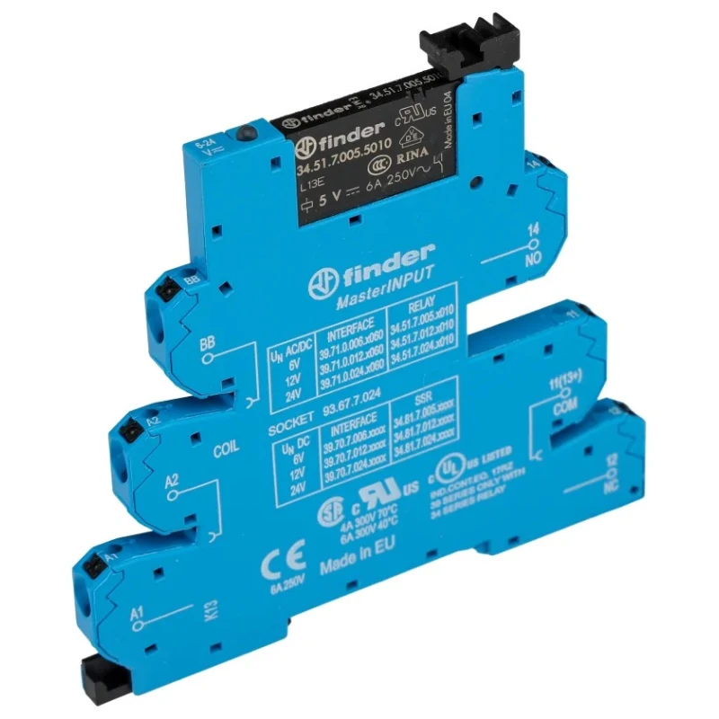 Finder 39 Series Electromechanical Interface Relay DIN Rail Mount 6V AC/DC Coil SPDT 35mA 6A Switching 250V 39.71.0.006.5060