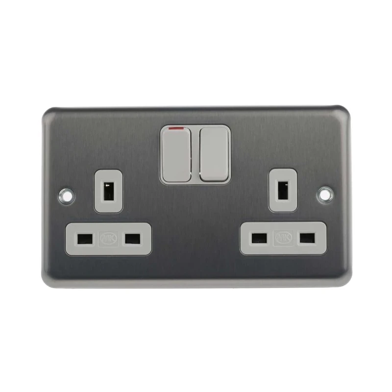 MK Electric 13A Brushed Chrome Satin Gold White Grey Black 2 Gang Plug Socket Albany Plus Type G K2948BRC