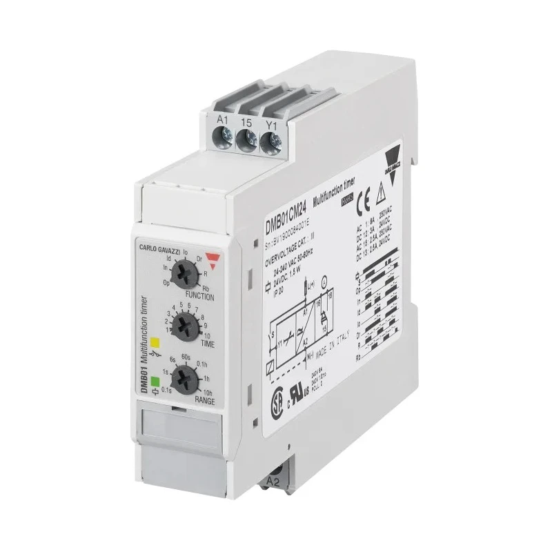 Carlo Gavazzi DMB01 Series DIN Rail Timer Relay, 2-Contact, 24 V dc 24V ac, 240 V ac, 0.1 s to 100 h, 7-Function DMB01CM24