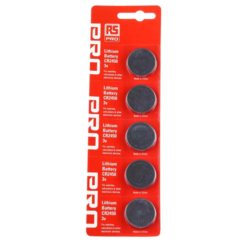 RS PRO 3V Lithium Manganese Dioxide Button Battery CR2450, 24.5 mm Diameter, 620mAh, 5 Pack CR2450