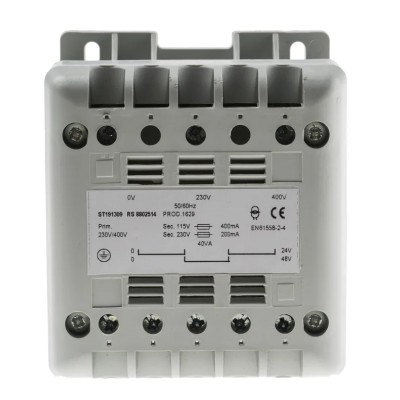 RS PRO 40 VA DIN Rail Transformer 230 V, 400 V AC Primary, 12 V, 115 V, 24 V AC Secondary, IP21 Protection, 50/60Hz 880-2514