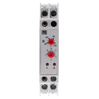RS PRO DIN Rail Timer Relay with 2 Contacts, 24 V DC / 240 V AC, 3 to 120 Seconds Timing Range, 1 Function, SPST 896-6838