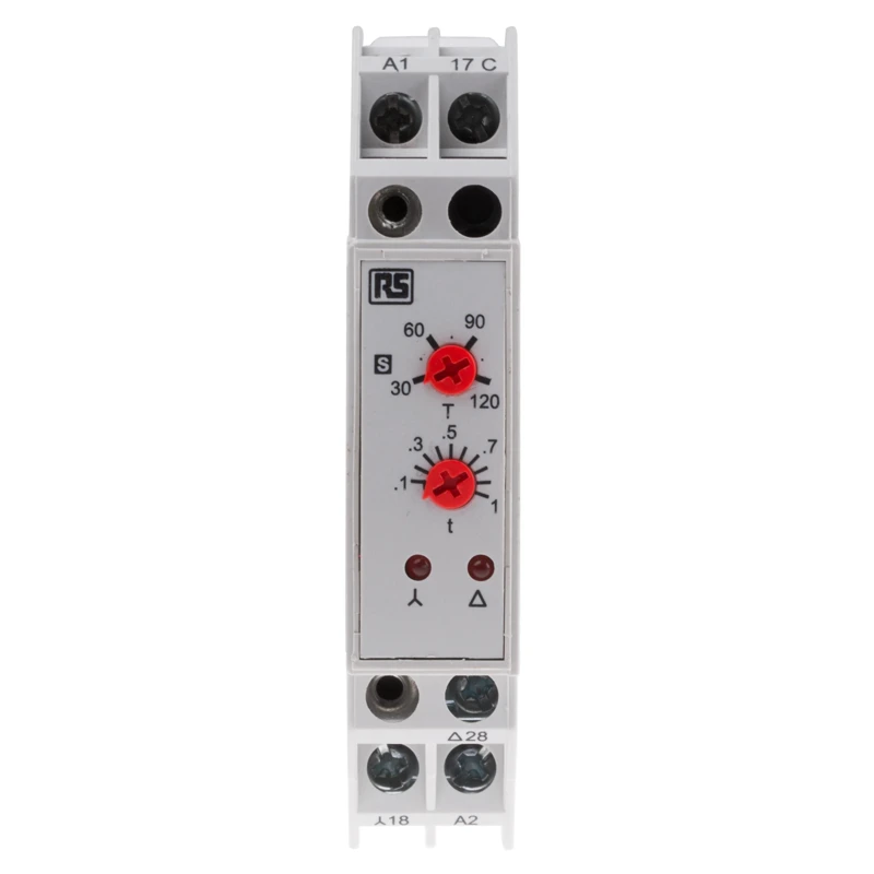 RS PRO DIN Rail Timer Relay with 2 Contacts, 24 V DC / 240 V AC, 3 to 120 Seconds Timing Range, 1 Function, SPST 896-6838
