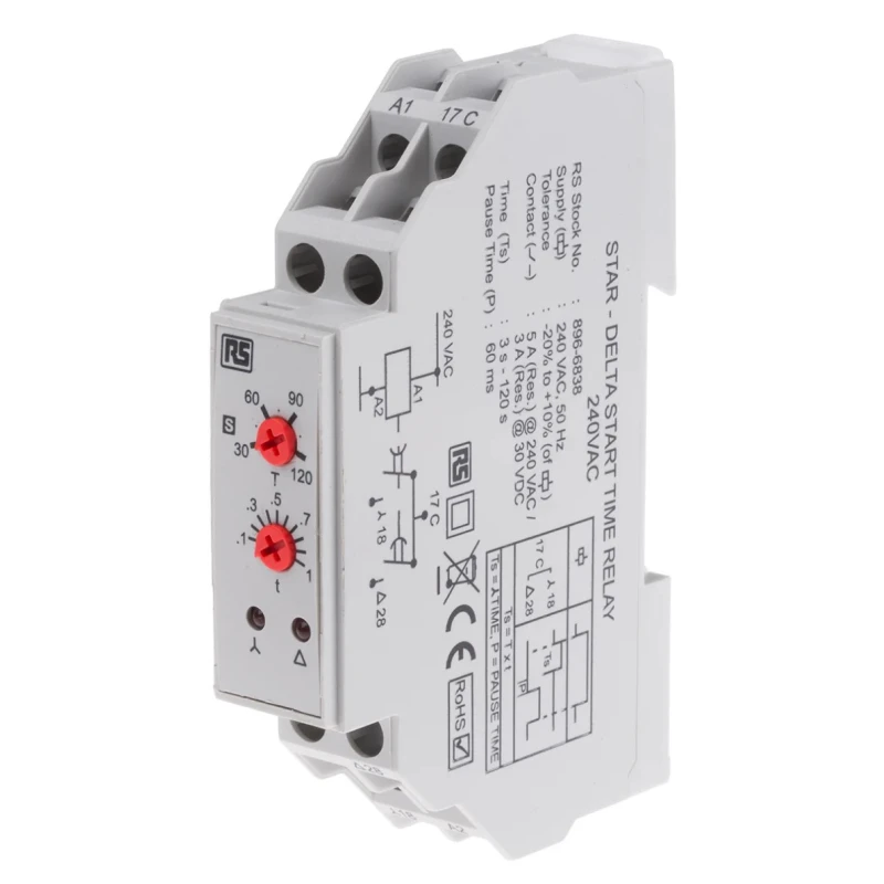 RS PRO DIN Rail Timer Relay with 2 Contacts, 24 V DC / 240 V AC, 3 to 120 Seconds Timing Range, 1 Function, SPST 896-6838