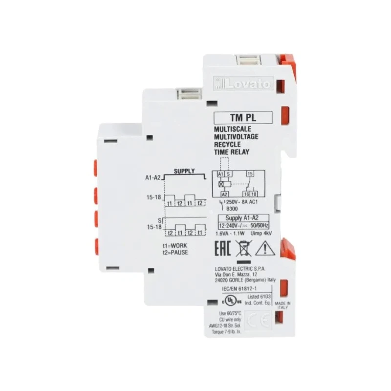 Lovato Electric TM PL Series DIN Rail Timer Relay, 2-Contact, 12 to 240 V DC, 12 V AC, 240 V AC, Time Range 0.1 s to TMPL