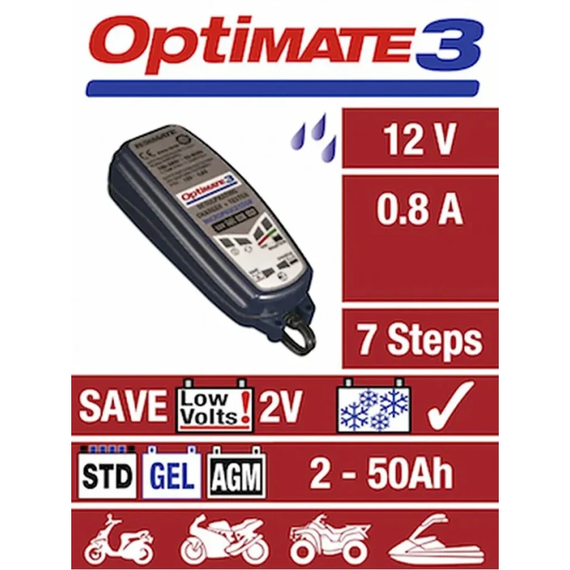 TecMate OptiMate 3 Automotive 12V Lead Acid Battery Charger 800mA with UK Plug TM432