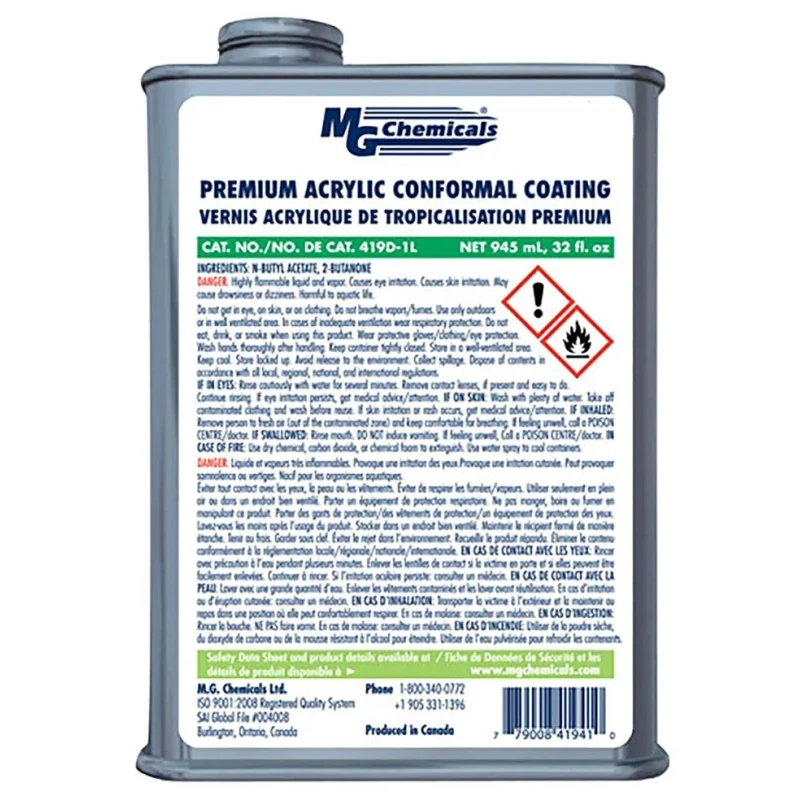 MG Chemicals Transparent Acrylic Conformal Coating, 1 L Tin, -65 °C to 125 °C Operating Temperature 419D-1L