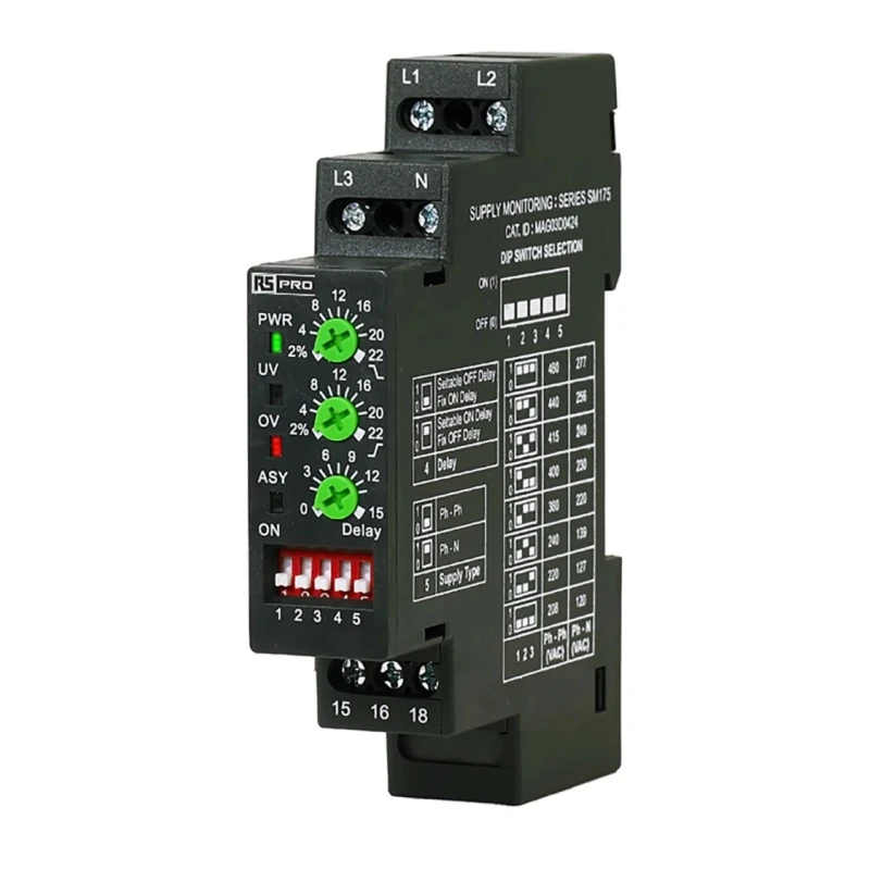 RS PRO 3 Phase Monitoring Relay 120/480 V AC Monitor Range SPDT Contact DIN Rail Mount 223-7791