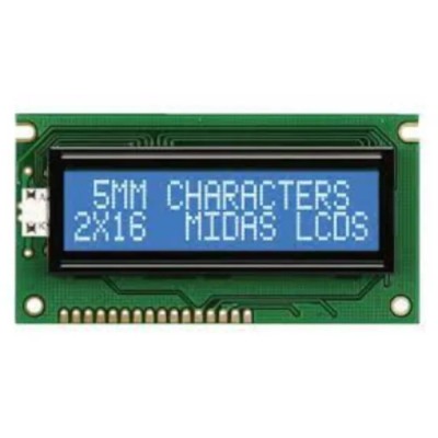 Midas Alphanumeric LED LCD Monochrome Display Blue on Blue 2 x 16 MC21605A6WD-BNMLW-V2