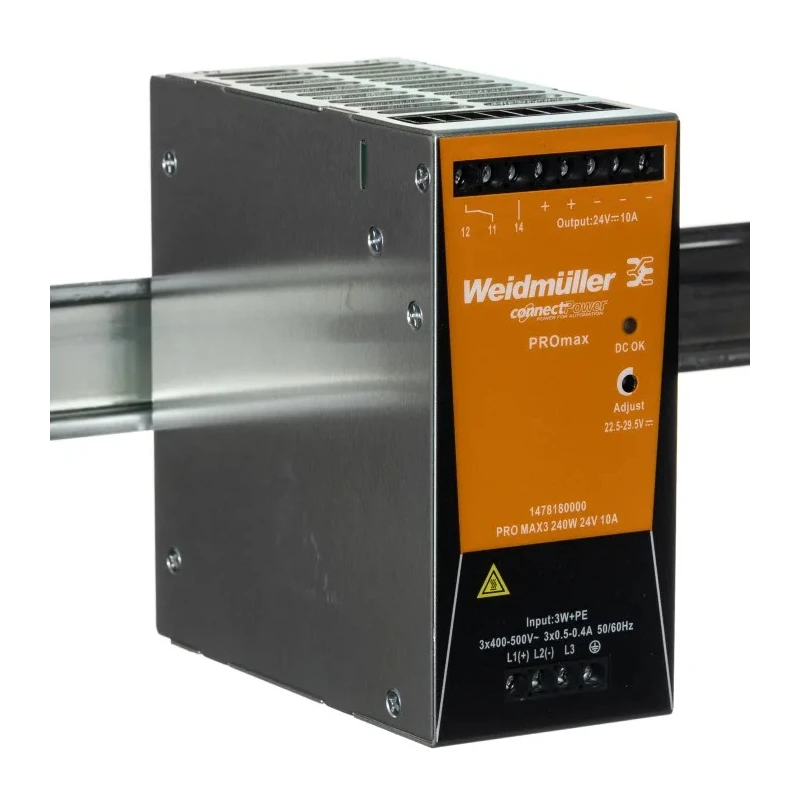 Weidmüller PRO Max Switched Mode DIN Rail Power Supply 28V DC, 10A Output, 240W, 3 Phase, AC/DC Input 320-575V 1478180000