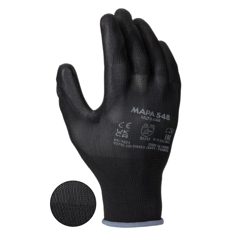 Mapa Black Textile Work Gloves Size 8 with Polyurethane Coating 548