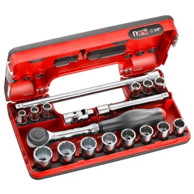Facom 18-Piece 3/8 in 12 Point Socket Set Chrome Vanadium Steel Bright Chrome Finish J.360DBOX112