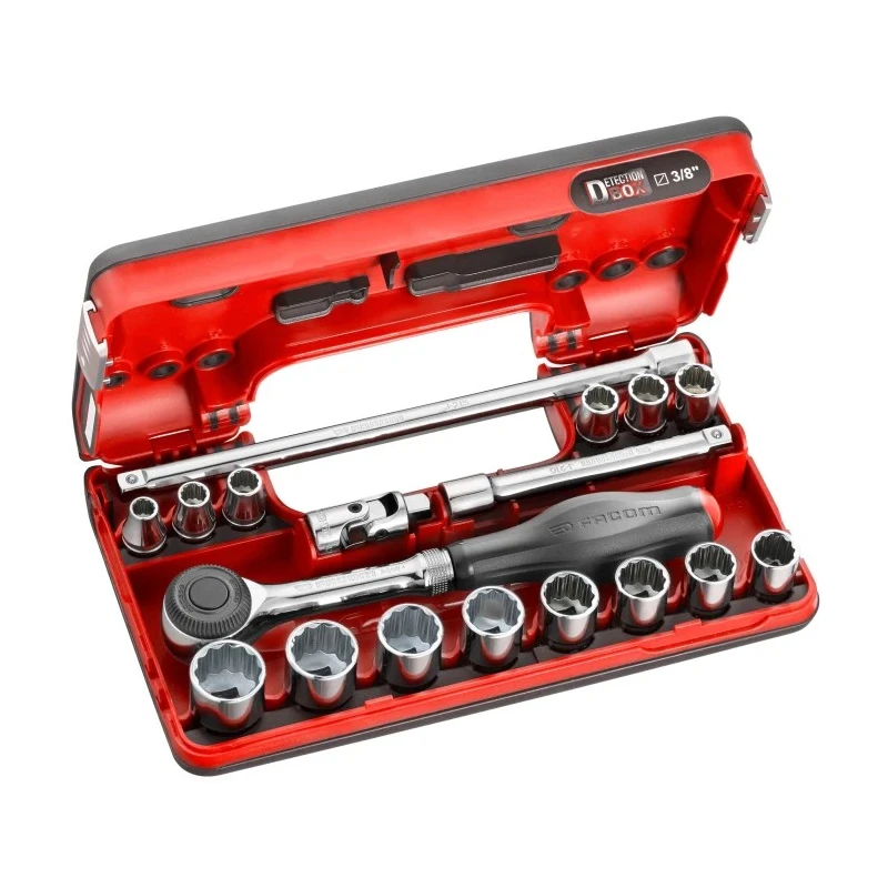 Facom 18-Piece 3/8 in 12 Point Socket Set Chrome Vanadium Steel Bright Chrome Finish J.360DBOX112