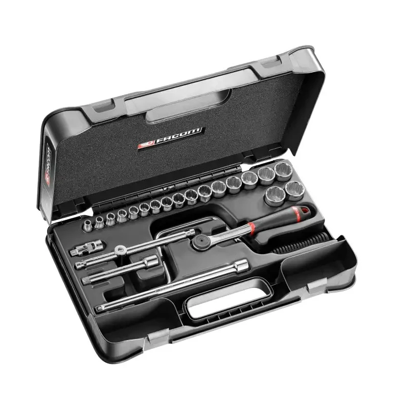 Facom 24-Piece 3/8 in Metric Socket Set Chrome Vanadium Steel Bright Chrome Finish J.161-4P12