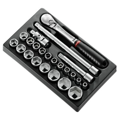Facom 23-Piece 1/2 Inch 6 Point Socket Set Chrome Vanadium Steel Bright Chrome Finish MOD.SL161-36