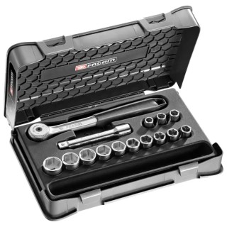 Facom 15-Piece 1/2 in 6 Point Socket Set with Ratchet and Extension, Chrome Vanadium Steel, Bright Chrome Finish S.151-1P6