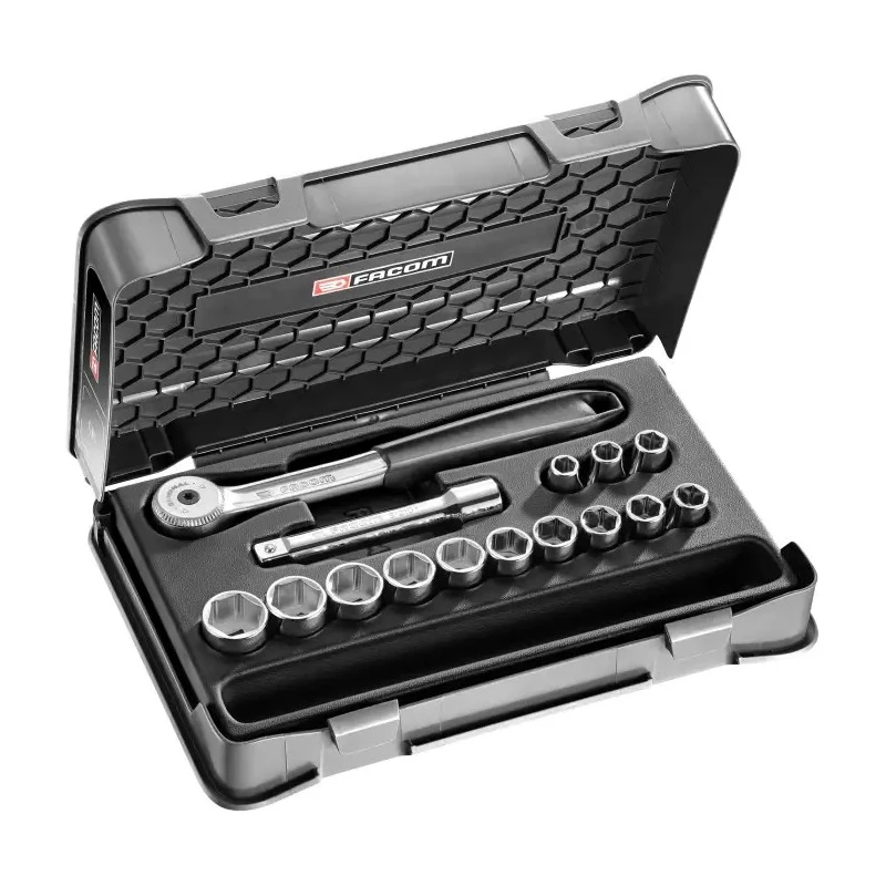 Facom 15-Piece 1/2 in 6 Point Socket Set with Ratchet and Extension, Chrome Vanadium Steel, Bright Chrome Finish S.151-1P6