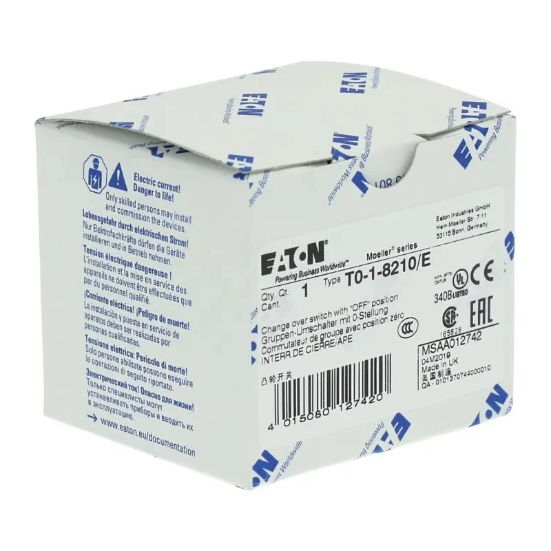Eaton 3 Position 60° Toggle Actuator Cam Switch 20A 690V AC Flush Mount 012742 T0-1-8210/E