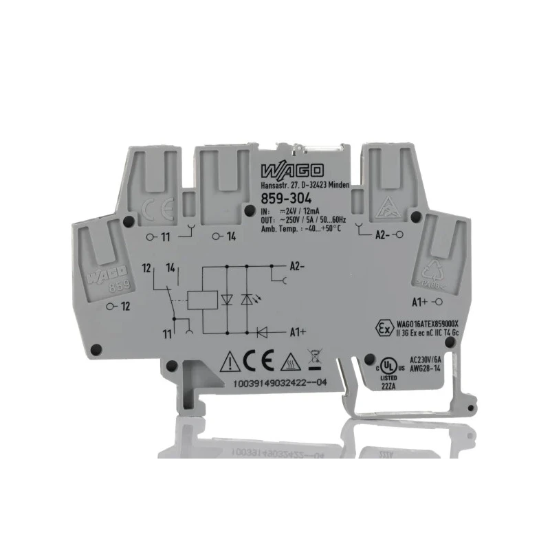 WAGO 859 Series Electromechanical Interface Relay, DIN Rail Mount, 24V DC Coil, SPDT Contact 859-304