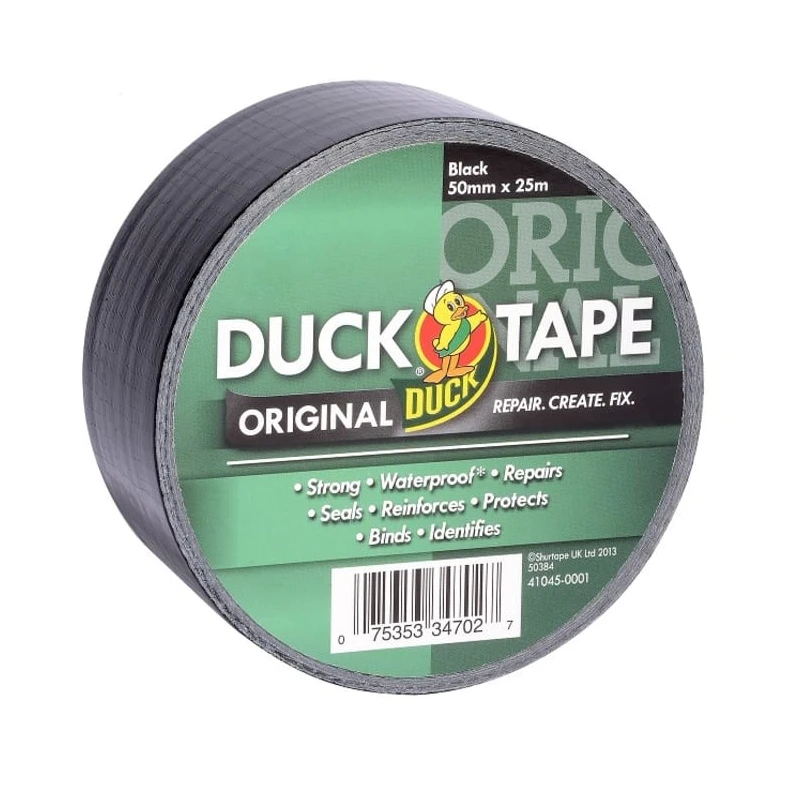DUCK TAPE Duct Tape Black, 50 mm Width x 25 m Length, Cloth Backing, Gloss Finish, Model 222227