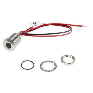 RS PRO Green Panel Mount Indicator 10.8V dc, 13.2V dc, 20mA, Lead Wire Termination, IP67, Flush Bezel 139-3352