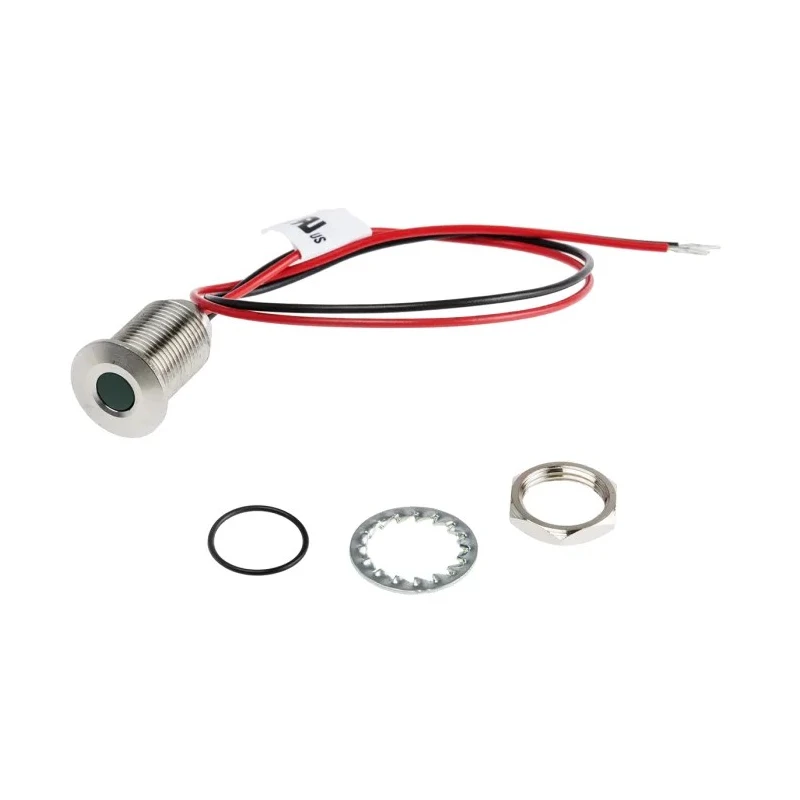 RS PRO Green Panel Mount Indicator 10.8V dc, 13.2V dc, 20mA, Lead Wire Termination, IP67, Flush Bezel 139-3352