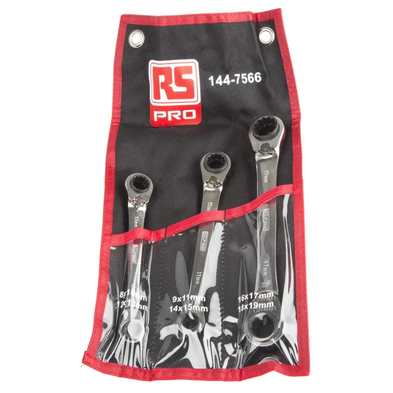 RS PRO 3-Piece Ratchet Combination Spanner Set, Sizes 17 mm, 11 mm, 10 mm, Chrome Vanadium Steel 144-7566
