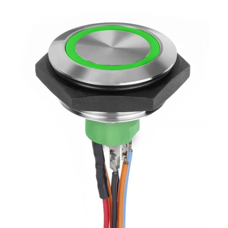 APEM Illuminated Vandal Proof Push Button Switch Momentary Panel Mount 30.2 mm Cutout SPST Green LED IP67 AV5V022000074BK