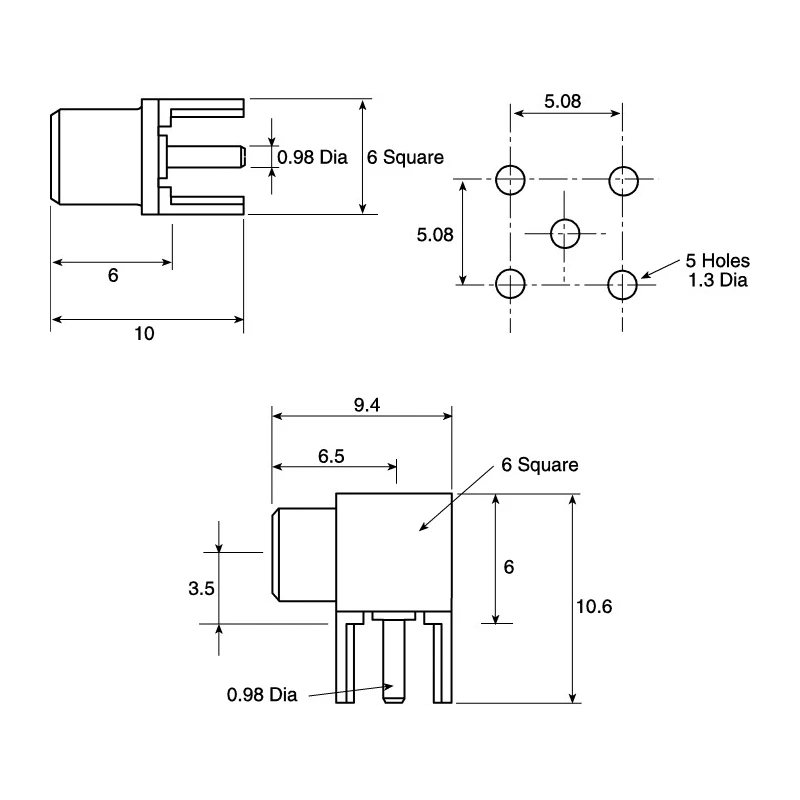 Radiall MCX Series Coaxial Connector Through Hole Female MCX 50 Ω Right Angle Body Solder R113665000W