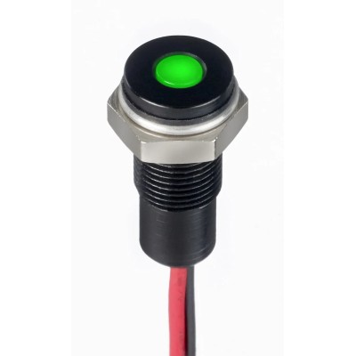 RS PRO Green Panel Mount Indicator, 10.8V DC, 13.2V DC, 20mA, Lead Wire Termination, IP67, Flush Bezel 171-3823