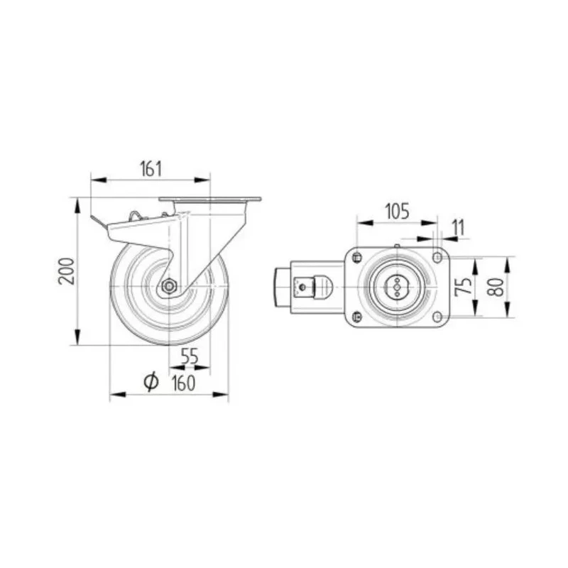 Tente Braked Swivel Castor with 800 kg Load Capacity, 160 mm Polyamide Wheel, Passivated Zinc Plated Steel 4687TOP160P63